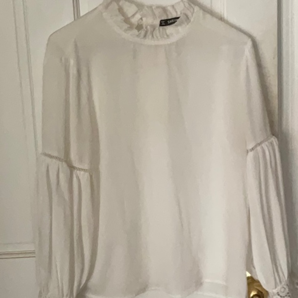 Zara Cream Ruffled Long Sleeve Blouse with Mandarin Collar